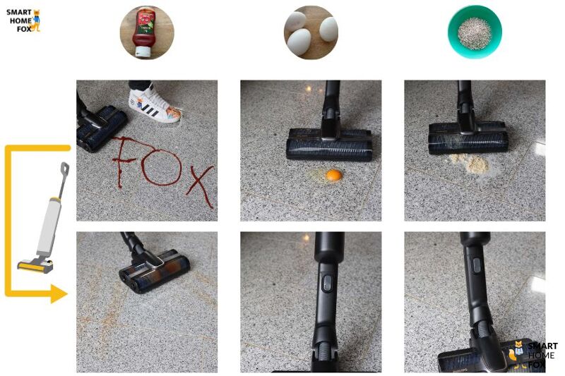 Philips Aquatrio 9000 Cordless bei der Reinigung: Ketchup, Müsli, Ei auf Hartboden